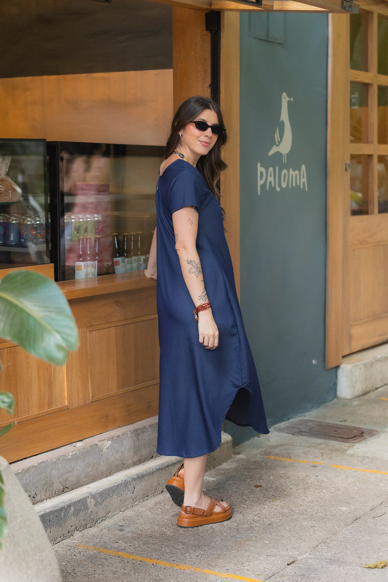 Vestido Alma multi cuello en V o redondo - Azul índigo