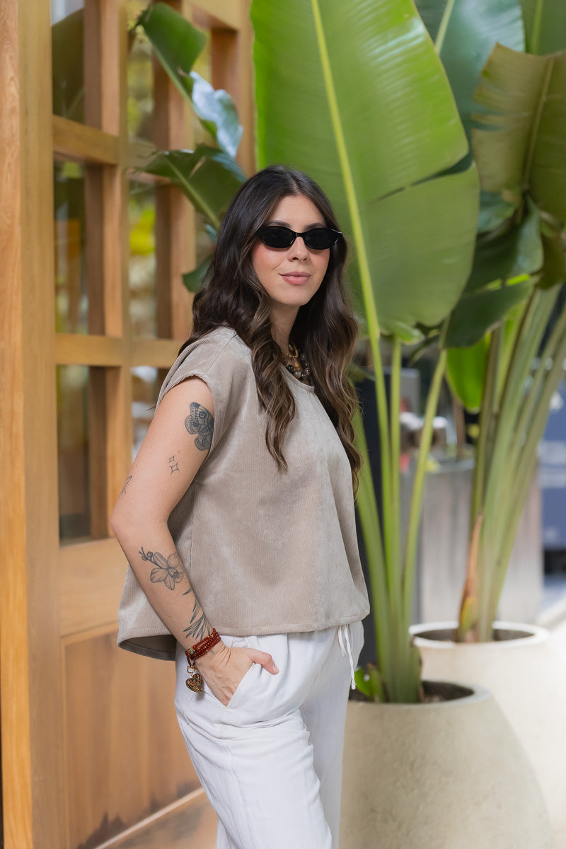 Blusa Cuello Bandeja - Corduroy Almendra