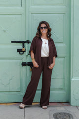 Set Anastacia Blusa manga corta más Pantalón enresortado - Café Oscuro
