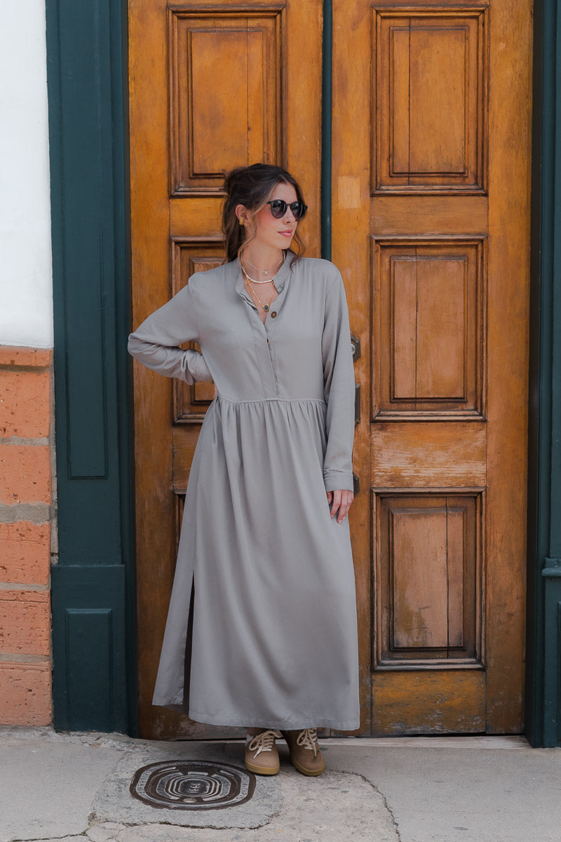 Vestido maxi vera manga larga con aberturas - Gris Luna