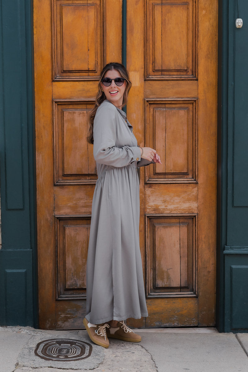 Vestido maxi vera manga larga con aberturas - Gris Luna