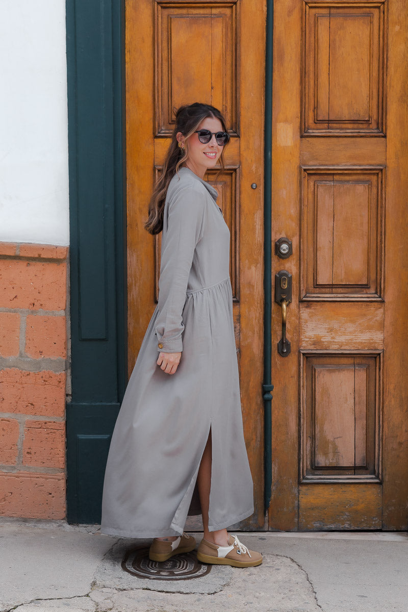 Vestido maxi vera manga larga con aberturas - Gris Luna