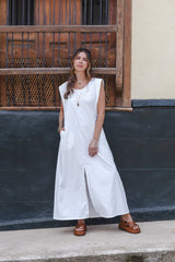 Vestido Sofía sin mangas con bolsillos y aberturas - Blanco Perla