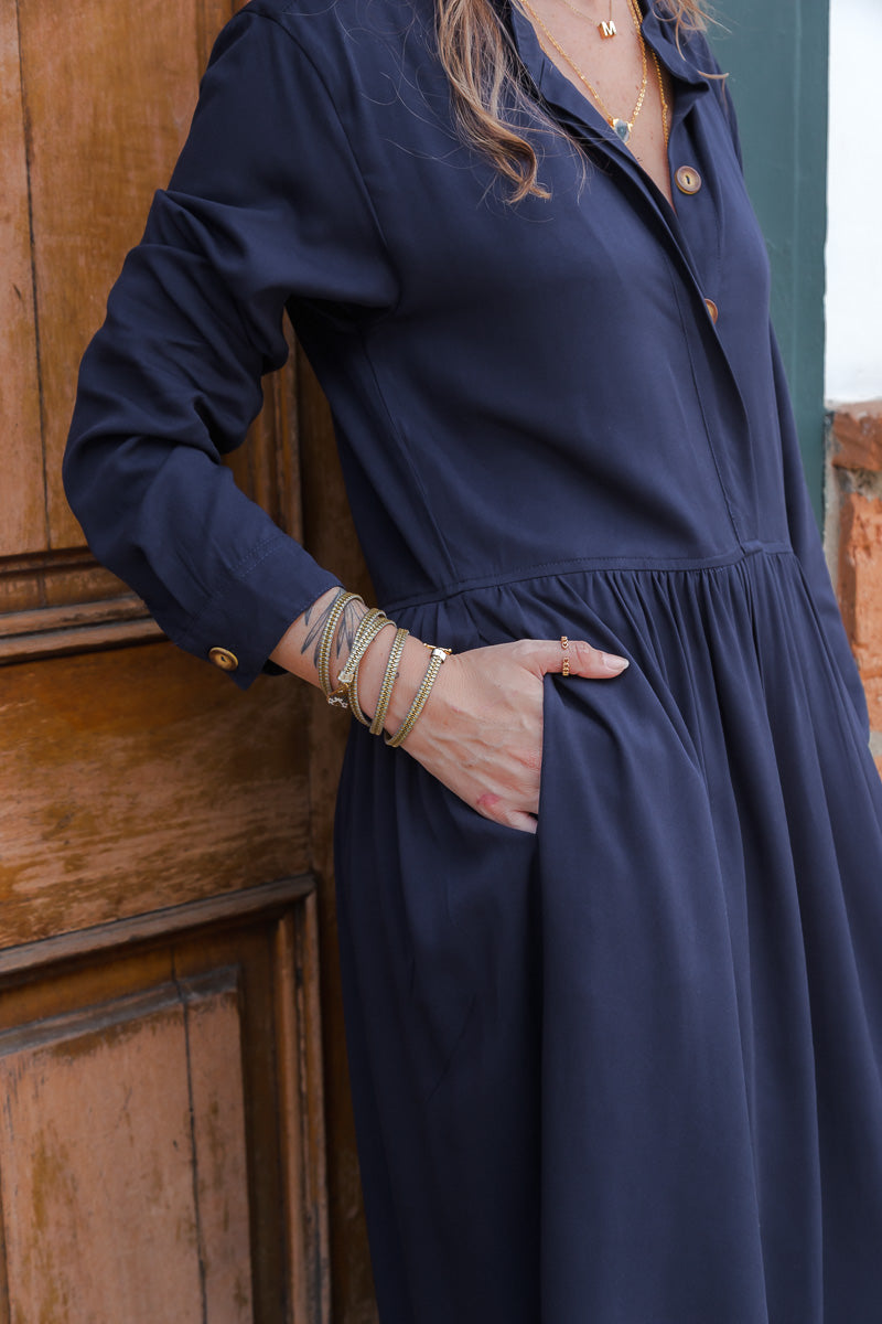 Vestido maxi vera manga larga con aberturas - Azul Oscuro