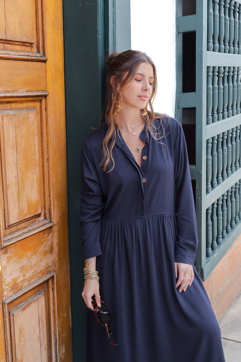 Vestido maxi vera manga larga con aberturas - Azul Oscuro