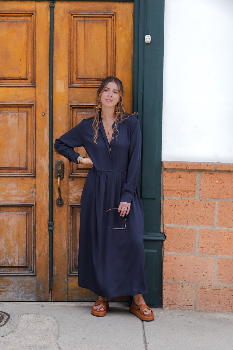Vestido maxi vera manga larga con aberturas - Azul Oscuro
