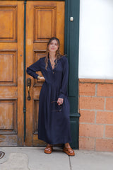 Vestido maxi vera manga larga con aberturas - Azul Oscuro