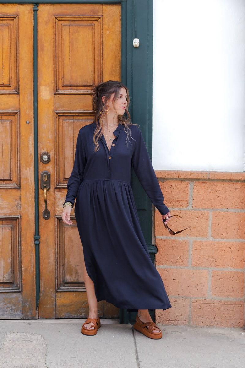 Vestido maxi vera manga larga con aberturas - Azul Oscuro