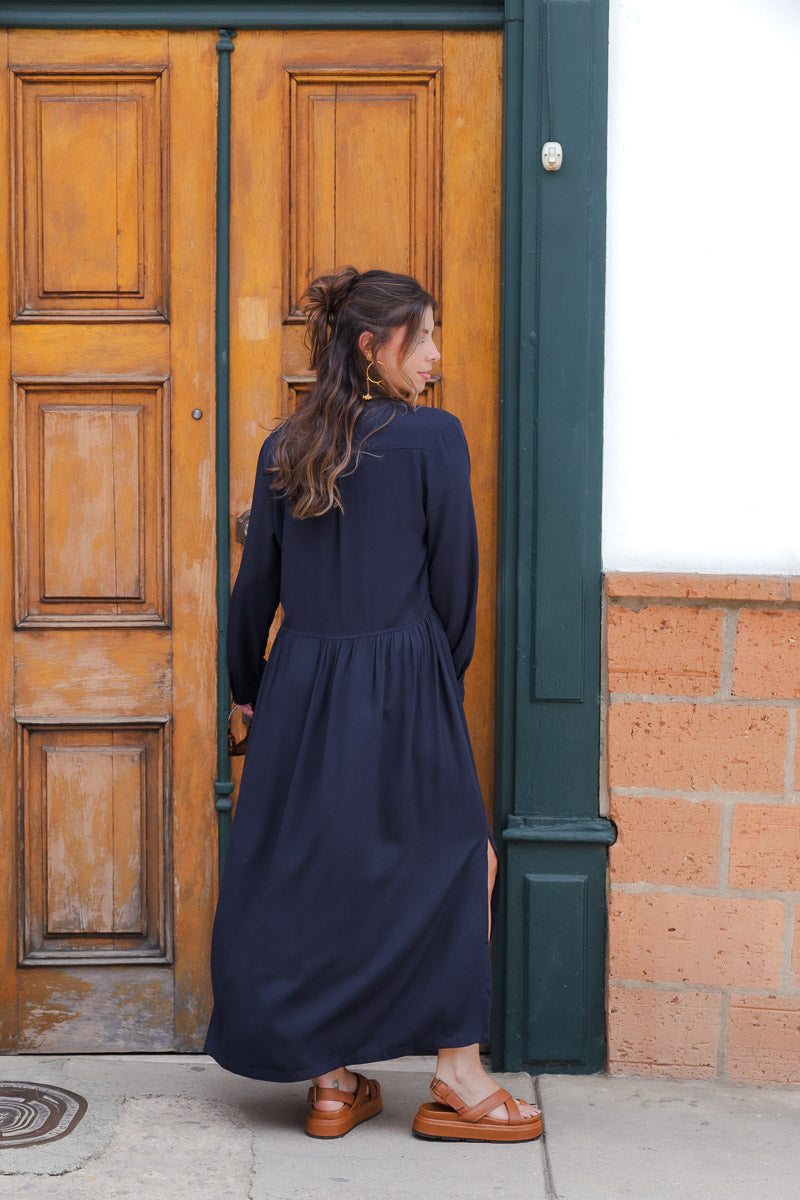 Vestido maxi vera manga larga con aberturas - Azul Oscuro