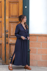 Vestido maxi vera manga larga con aberturas - Azul Oscuro