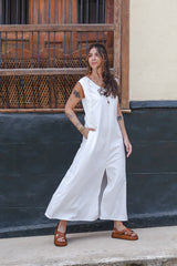 Vestido Sofía sin mangas con bolsillos y aberturas - Blanco Perla