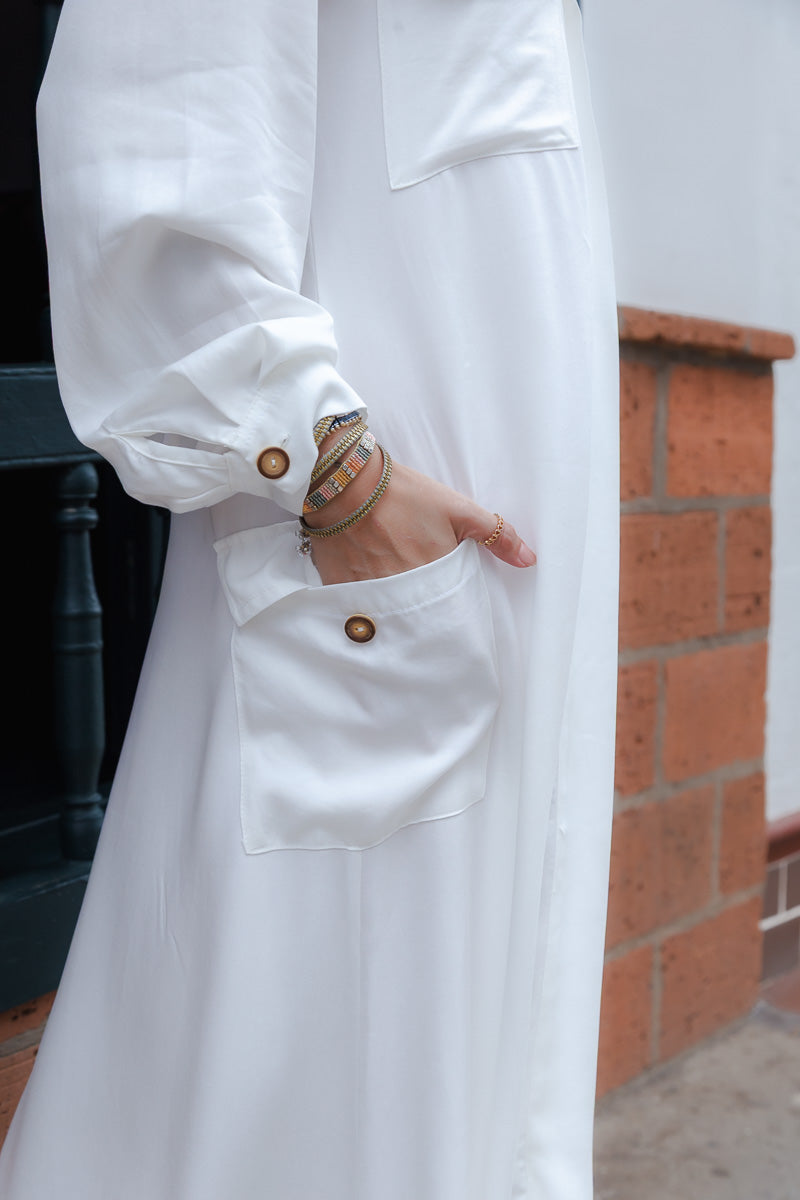 Vestido paloma manga larga con botones y cinturón  - Blanco Hueso