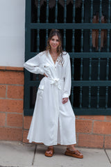 Vestido paloma manga larga con botones y cinturón  - Blanco Hueso