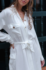 Vestido paloma manga larga con botones y cinturón  - Blanco Hueso