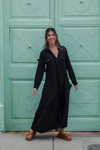 Vestido paloma manga larga con botones y cinturón  - Color Negro