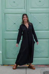 Vestido paloma manga larga con botones y cinturón  - Color Negro