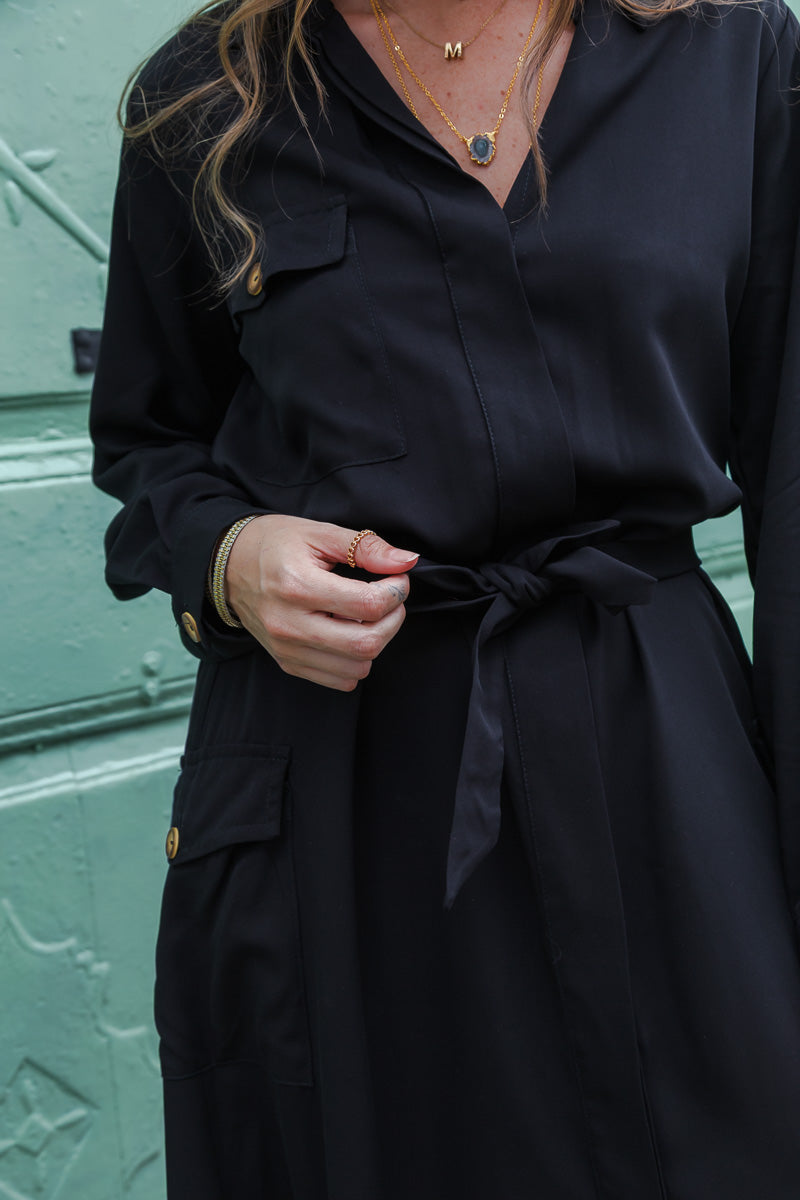 Vestido paloma manga larga con botones y cinturón  - Color Negro