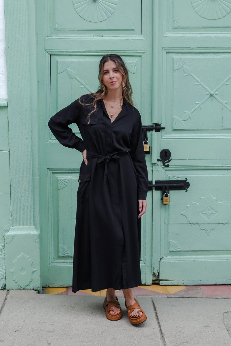 Vestido paloma manga larga con botones y cinturón  - Color Negro Imagen secundaria del producto