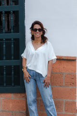 Blusa Zhara con mangas cuello en V- Blanco Perla