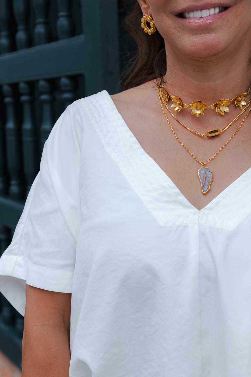 Blusa Zhara con mangas cuello en V- Blanco Perla