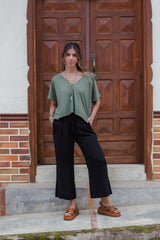 Set Zhara Blusa manga corta más Pantalón enresortado - Verde oliva y Negro