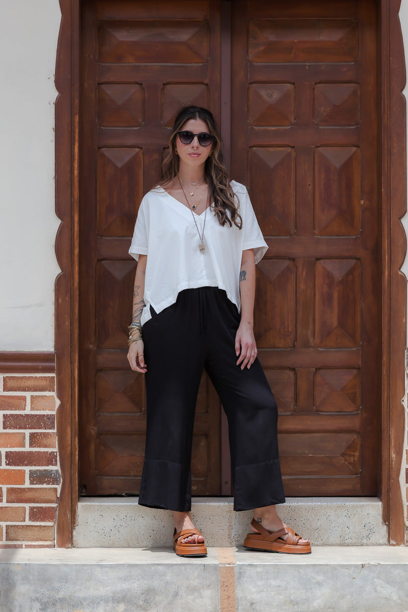 Set Zhara Blusa manga corta más Pantalón enresortado - Blanco Perla y Negro
