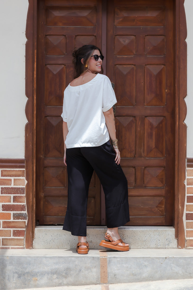 Set Zhara Blusa manga corta más Pantalón enresortado - Blanco Perla y Negro