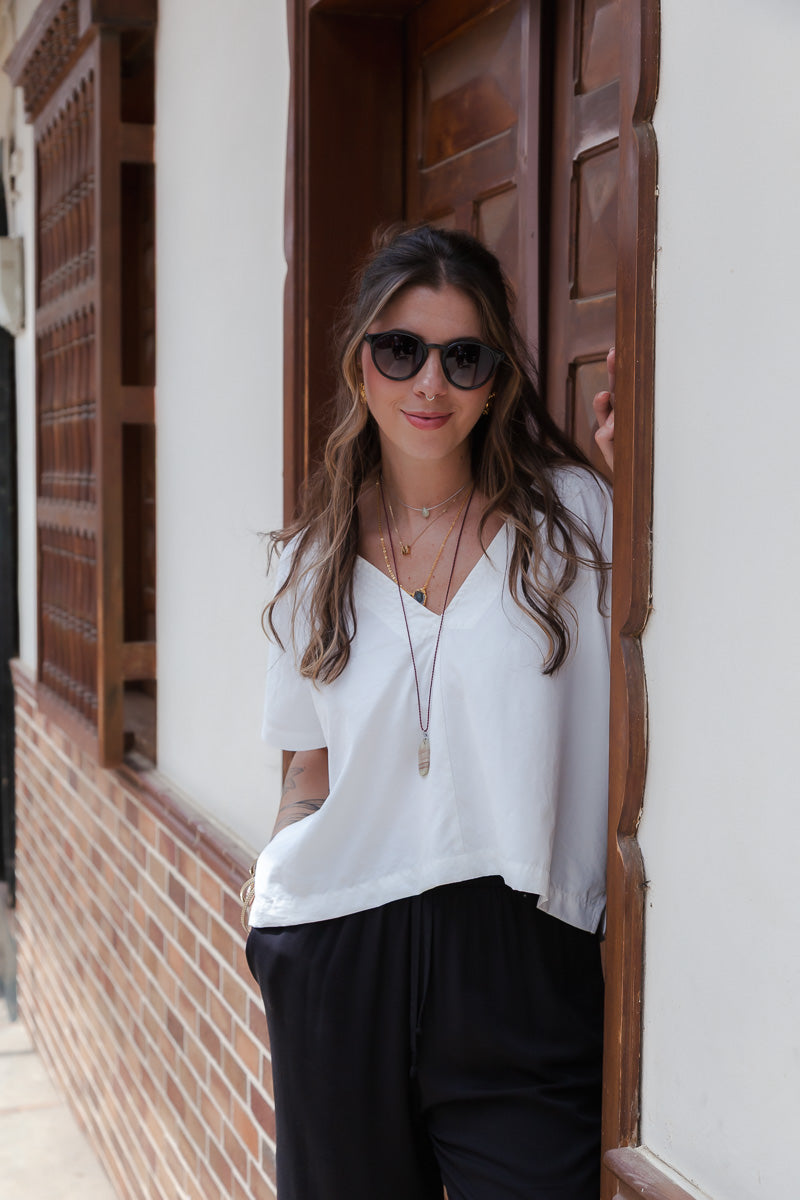 Blusa Zhara con mangas cuello en V- Blanco Perla