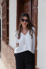Blusa Zhara con mangas cuello en V- Blanco Perla