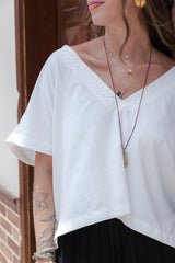 Blusa Zhara con mangas cuello en V- Blanco Perla