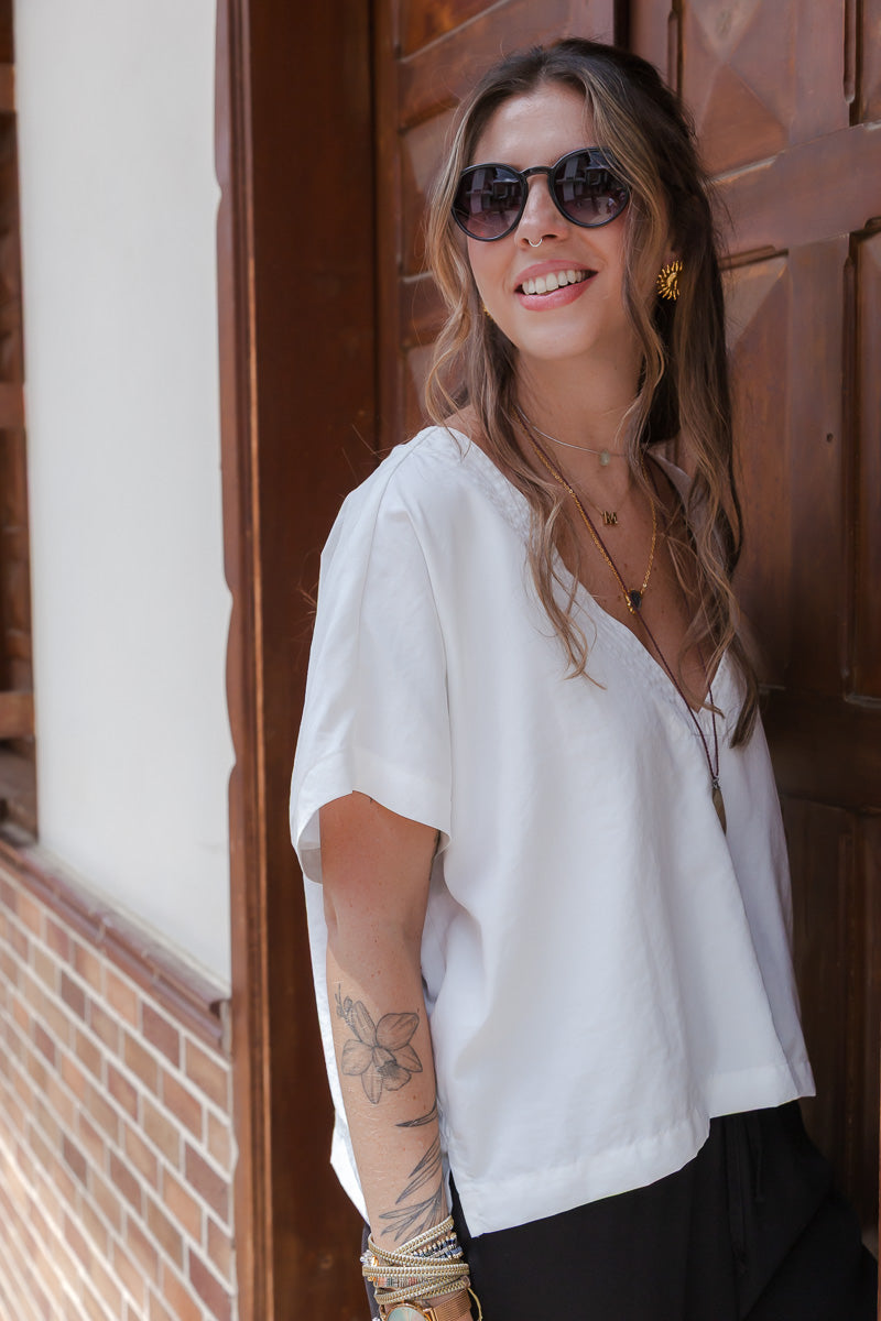 Blusa Zhara con mangas cuello en V- Blanco Perla
