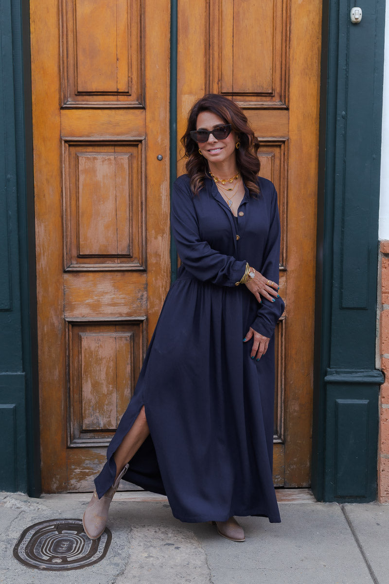 Vestido maxi vera manga larga con aberturas - Azul Oscuro