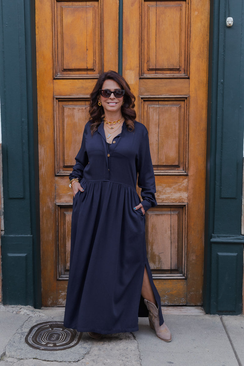 Vestido maxi vera manga larga con aberturas - Azul Oscuro