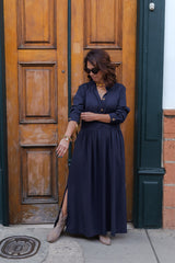 Vestido maxi vera manga larga con aberturas - Azul Oscuro