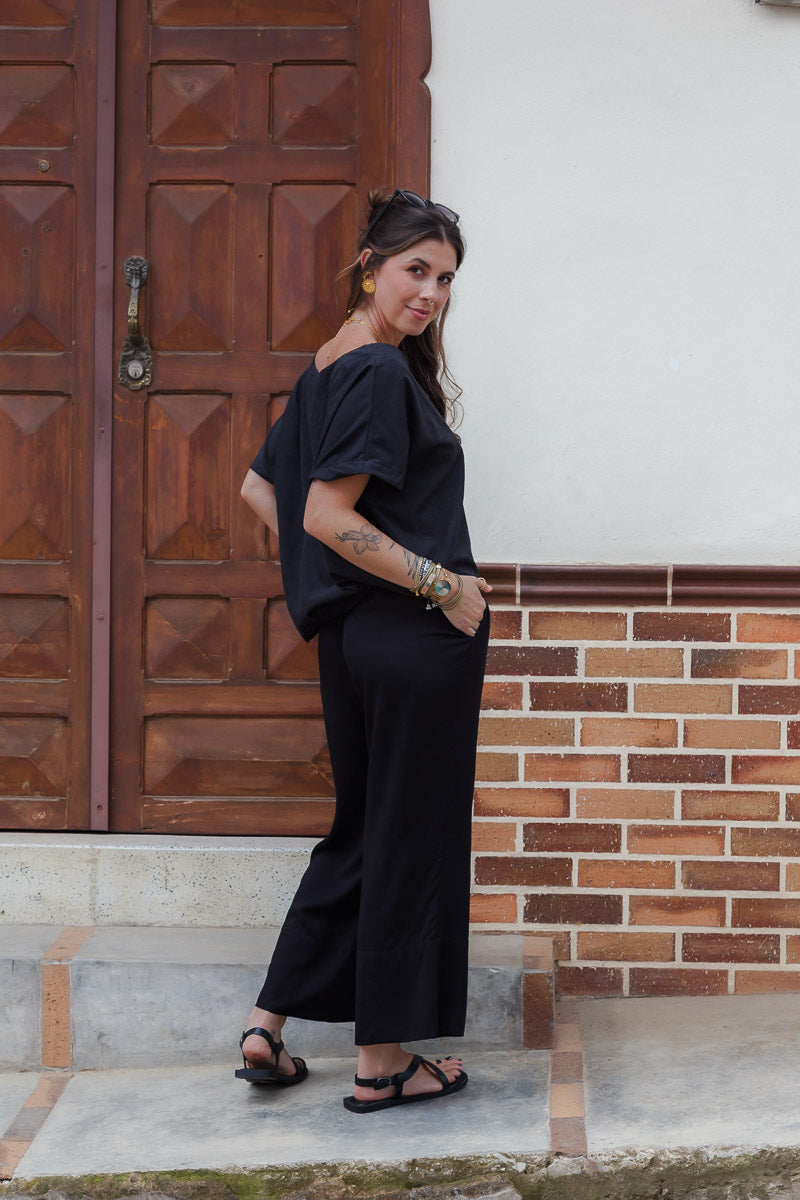 Pantalón Zhara pescador con bolsillos y cintura enresortada - Color Negro