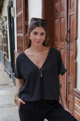 Blusa Zhara con mangas cuello en V- Color negro