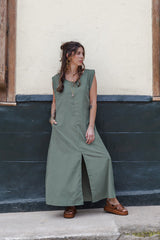 Vestido Sofía sin mangas con bolsillos y aberturas - Verde Oliva