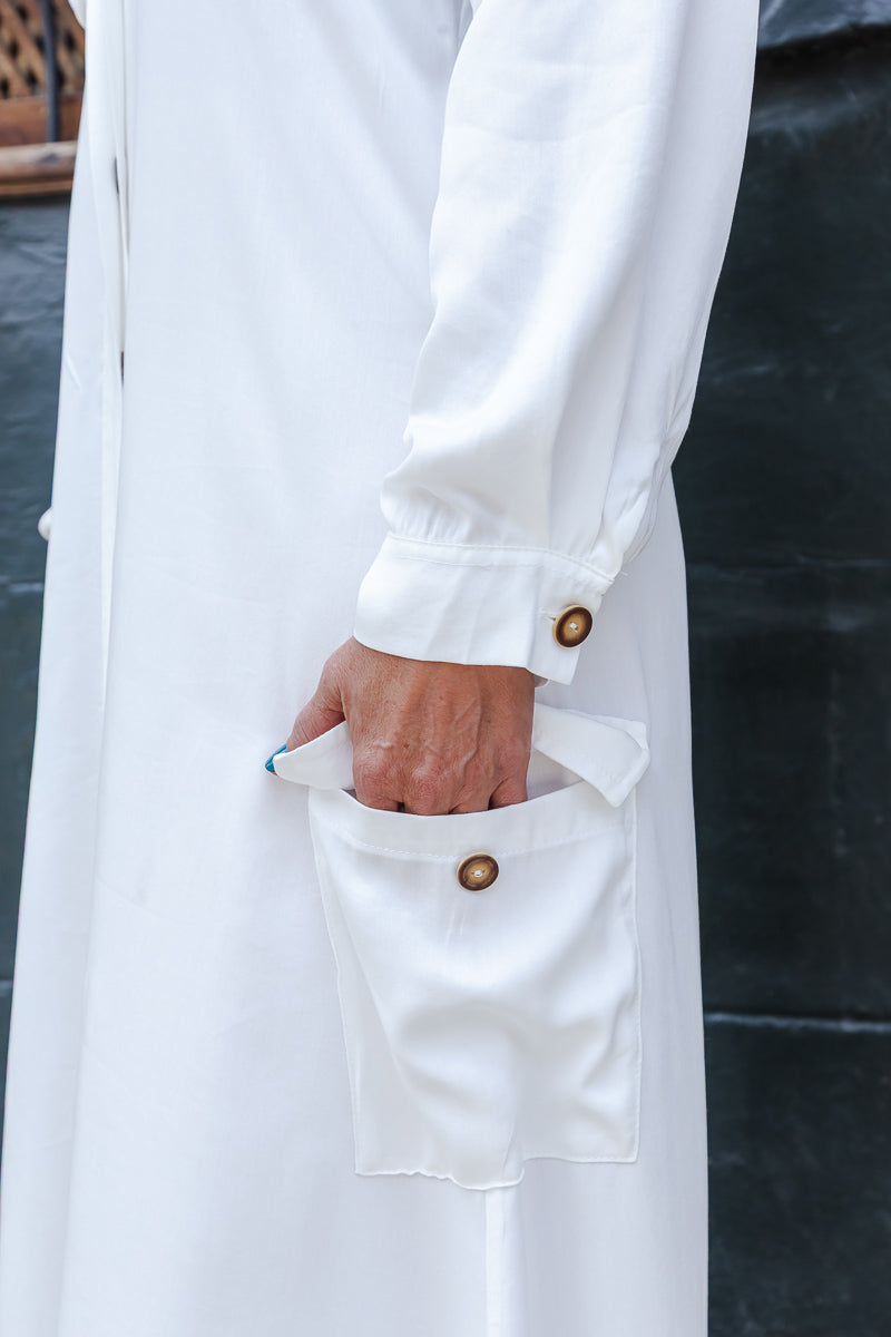 Vestido paloma manga larga con botones y cinturón  - Blanco Hueso