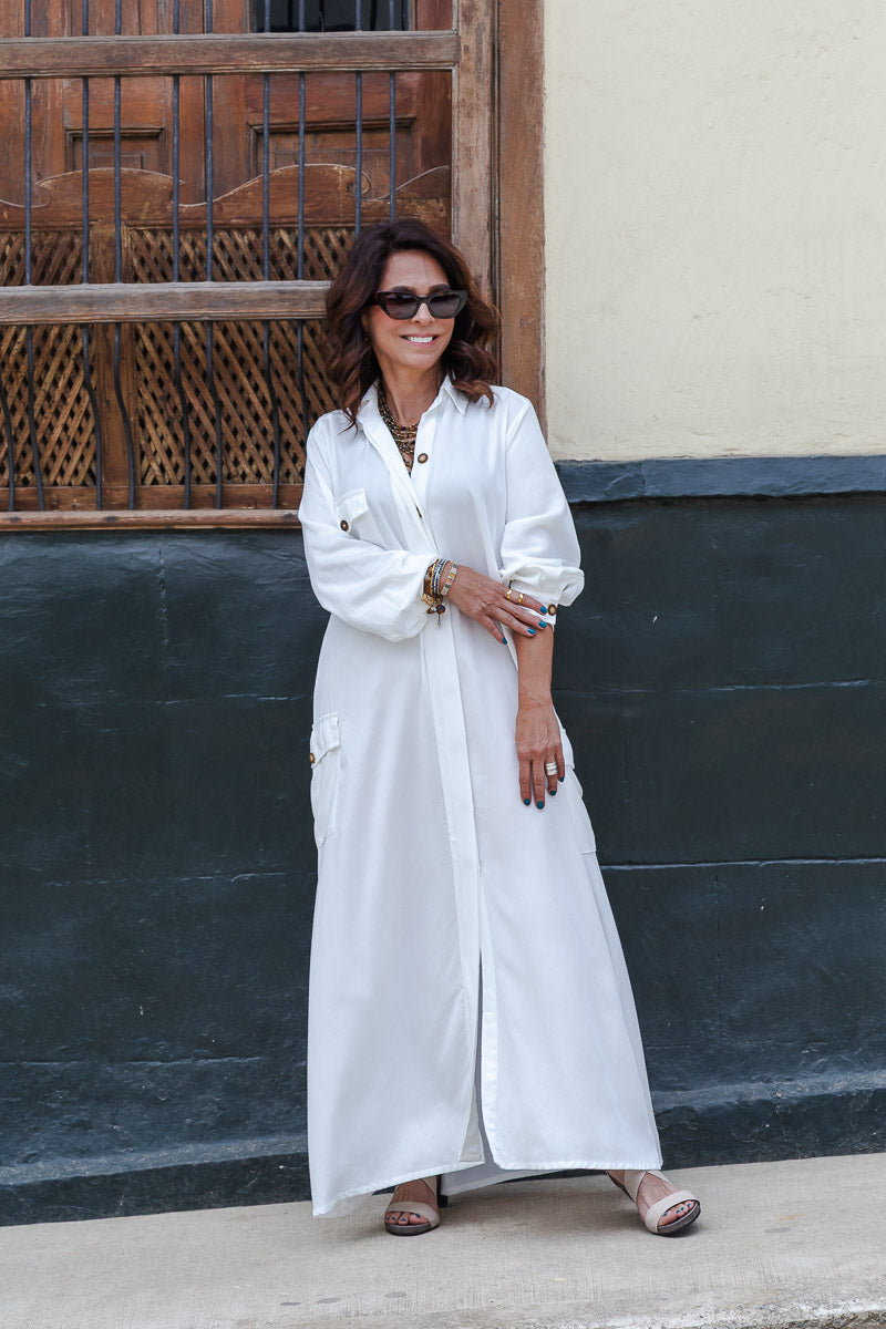 Vestido paloma manga larga con botones y cinturón  - Blanco Hueso