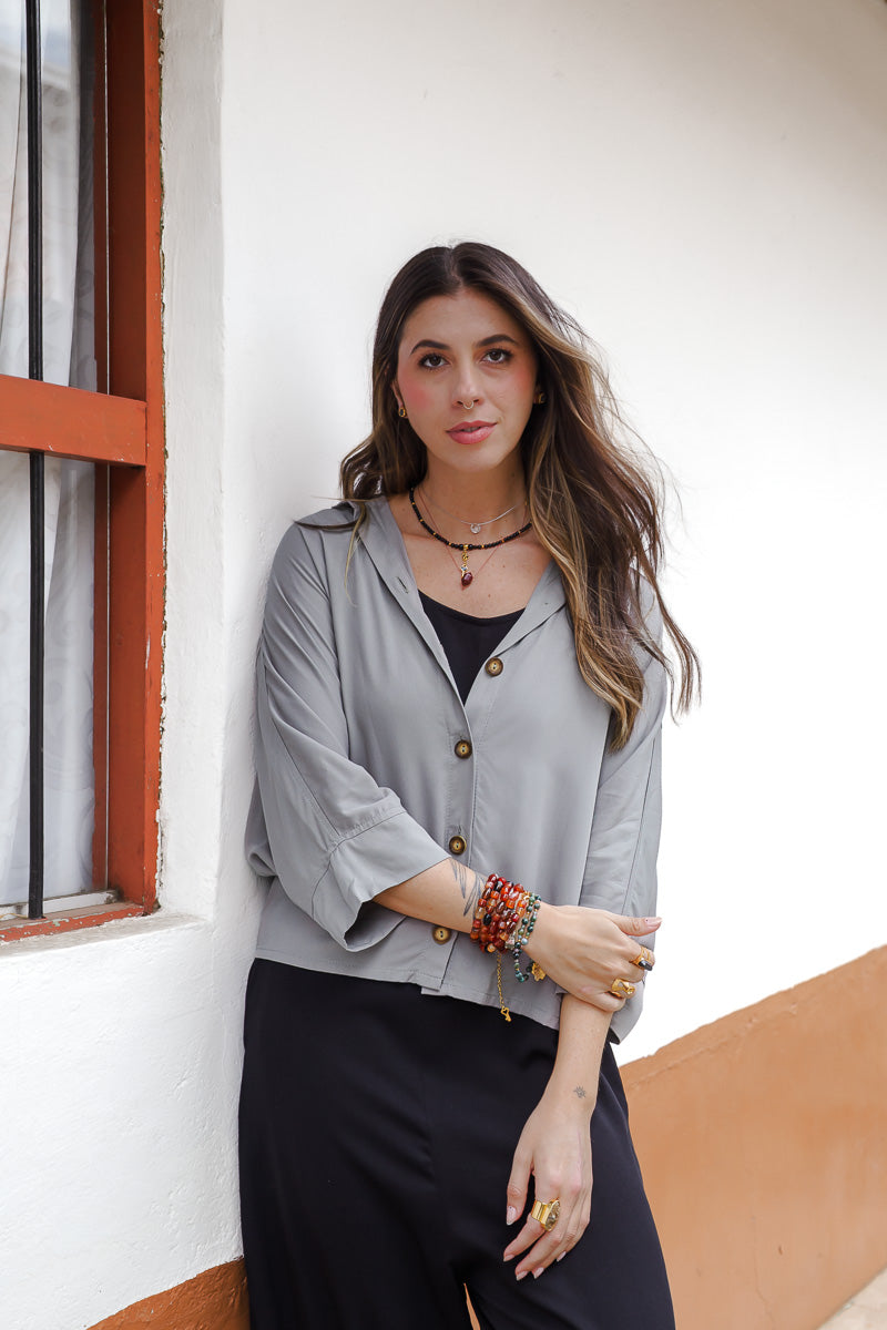 Blusa Boho manga 3/4  - Color Gris Luna