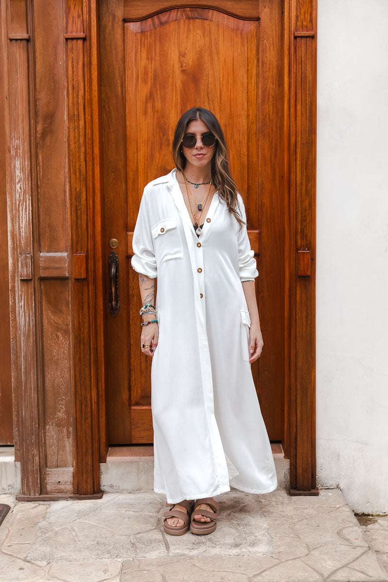Vestido paloma manga larga con botones y cinturón  - Blanco Hueso