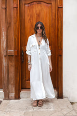 Vestido paloma manga larga con botones y cinturón  - Blanco Hueso