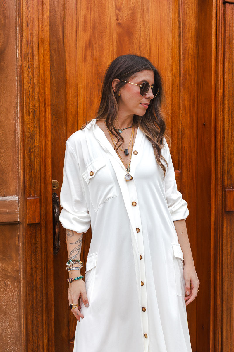 Vestido paloma manga larga con botones y cinturón  - Blanco Hueso