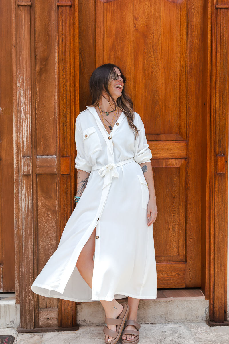 Vestido paloma manga larga con botones y cinturón  - Blanco Hueso