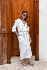 Vestido paloma manga larga con botones y cinturón  - Blanco Hueso
