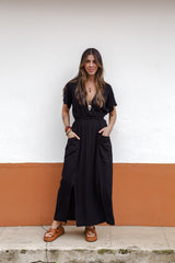 Vestido Étnica Largo con mangas y aberturas frontales - Negro