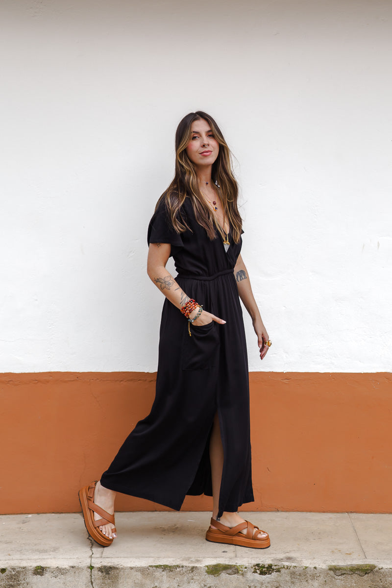 Vestido Étnica Largo con mangas y aberturas frontales - Negro