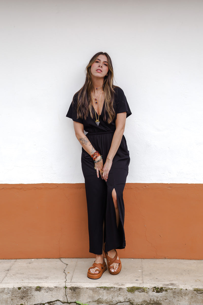 Vestido Étnica Largo con mangas y aberturas frontales - Negro