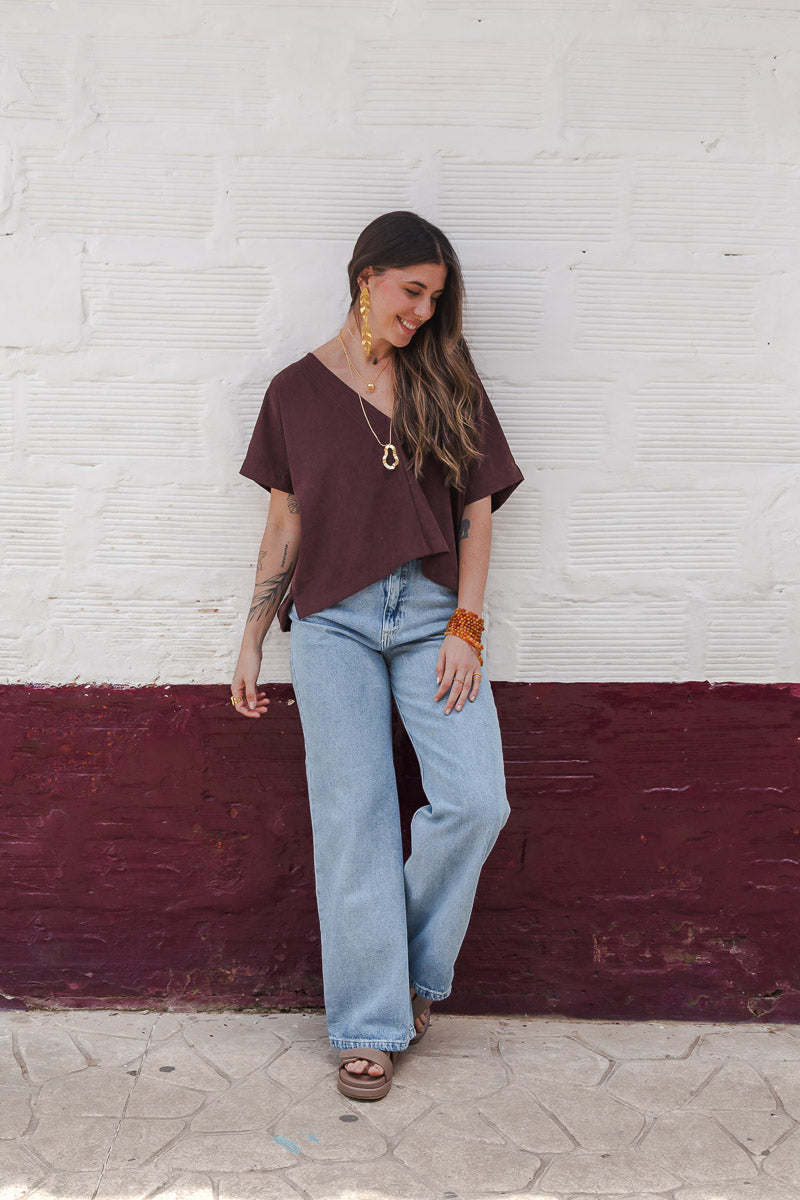 Blusa Zhara con mangas cuello en V-  Malbec