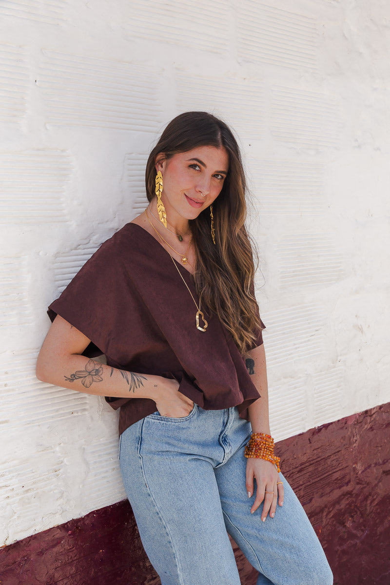 Blusa Zhara con mangas cuello en V-  Malbec